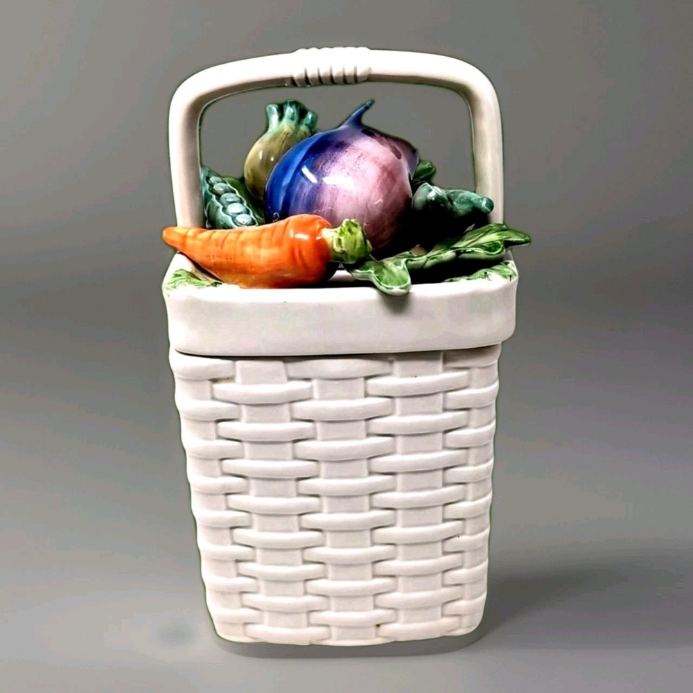 VTG Fitz & Floyd Canister Kitchen Harvest Basket Weave Colorful Vegetables READ